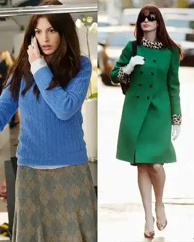 Andy Sachs with a frumpy outfit then a chic one.