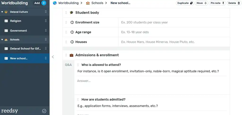 Reedsy Studio's school template